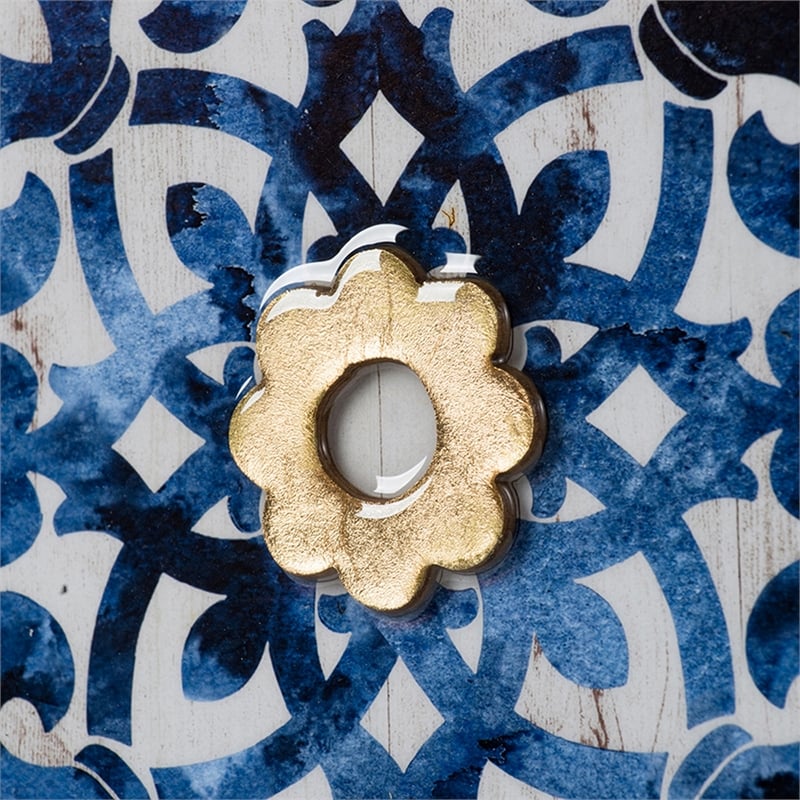 Set of 4 Classic Framed Wall Decor- Abstract Tile Design- White and Blue