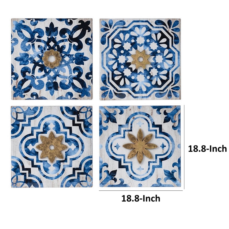 Set of 4 Classic Framed Wall Decor- Abstract Tile Design- White and Blue