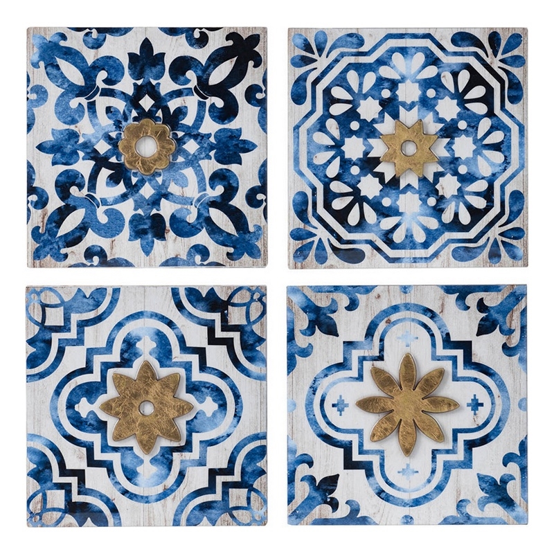 Set of 4 Classic Framed Wall Decor- Abstract Tile Design- White and Blue