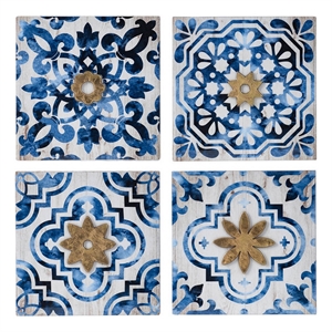 Set of 4 Classic Framed Wall Decor- Abstract Tile Design- White and Blue