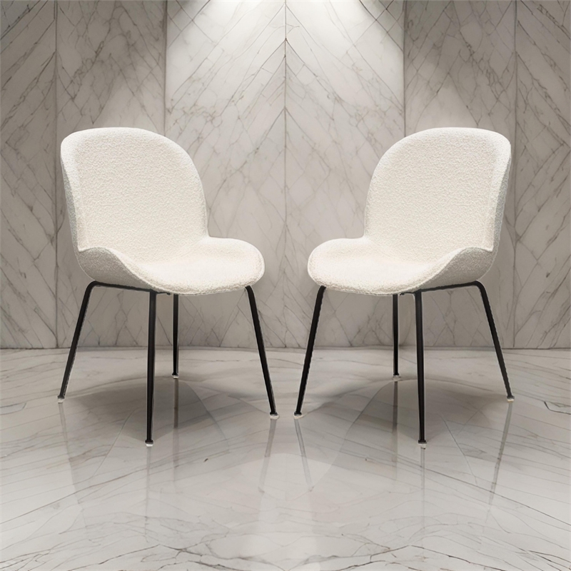 21 Inch Dining Chairs- Set of 2- Black Metal Legs- Ivory Boucle Upholstery