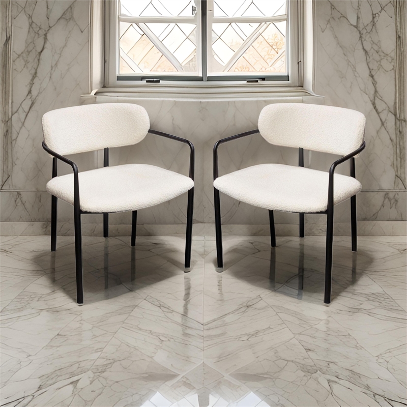 Oke 26 Inch Padded Dining Chair- Set of 2- Black- Ivory Boucle Upholstery