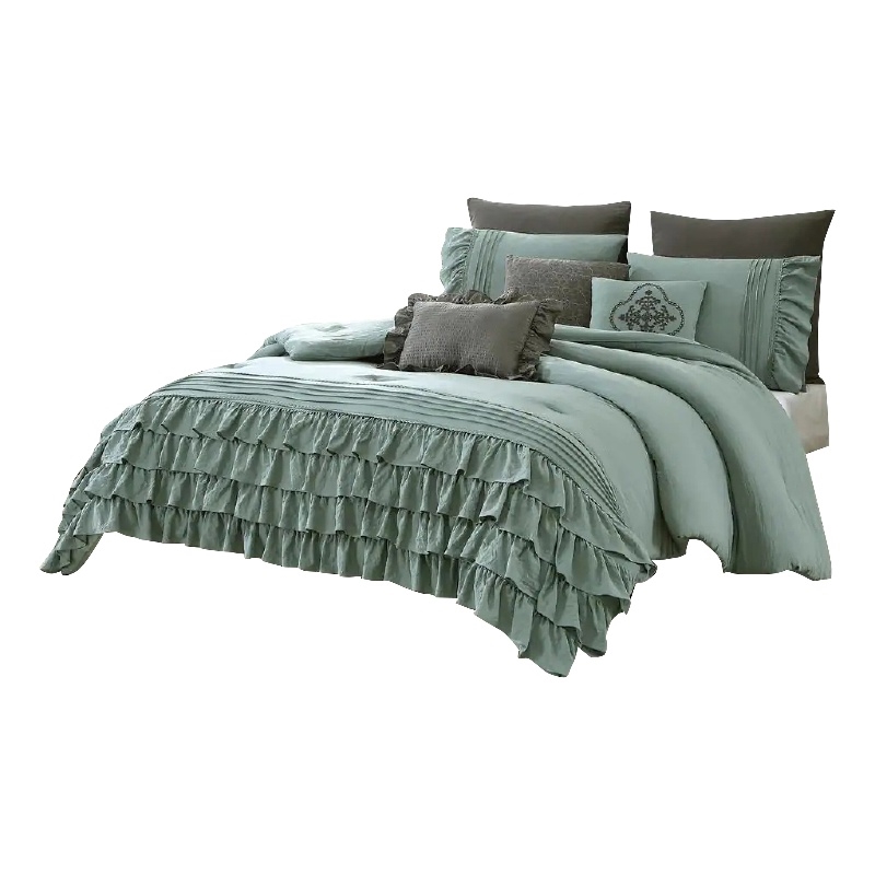 Tyler 8 Piece Ruffled King Size Comforter Set- The Urban Port- Green- Gray
