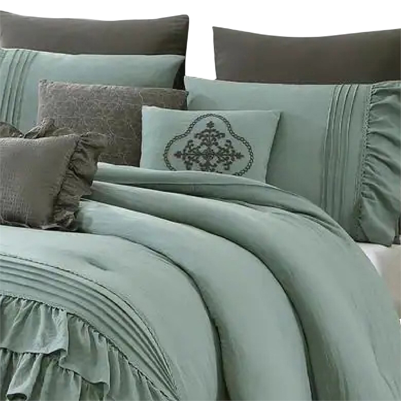 Tyler 8 Piece Ruffled King Size Comforter Set- The Urban Port- Green- Gray