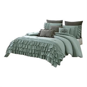 Tyler 8 Piece Ruffled King Size Comforter Set- The Urban Port- Green- Gray