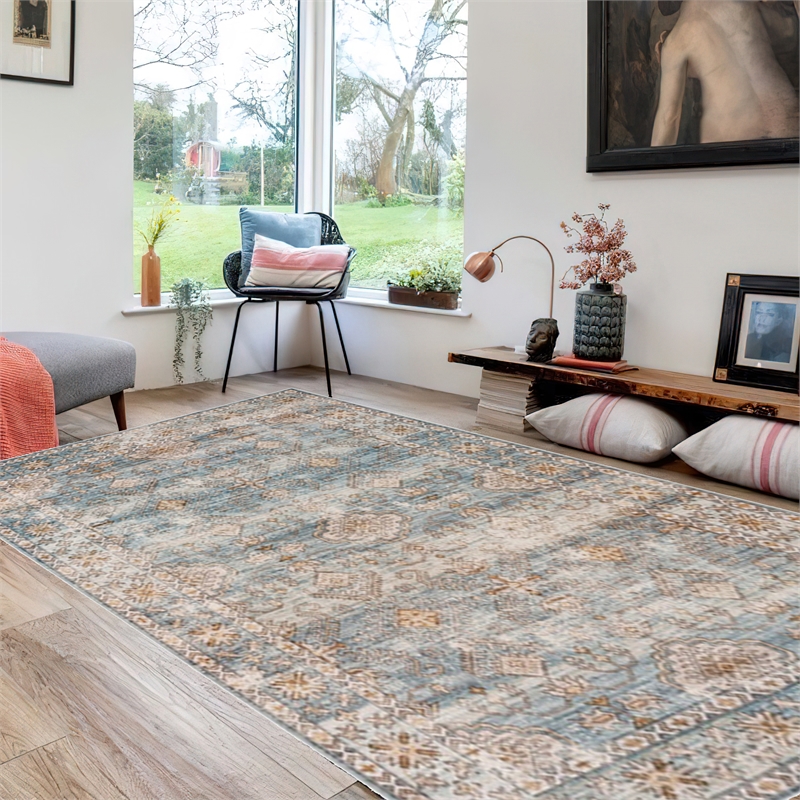 Mia 7 x 5 Medium Soft Fabric Floor Area Rug- Vintage Two Tone Border Design