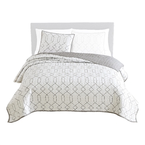 Jim 2 Piece Twin Size Reversible Coverlet Set- Geometric White and Gray