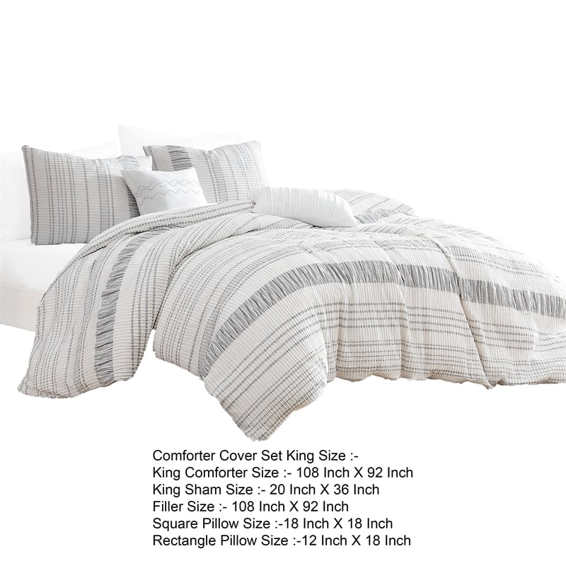 Wim 6 Piece King Size Duvet Comforter Set with Accent Pillows- Striped Gray