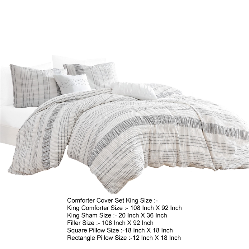 Wim 6 Piece King Size Duvet Comforter Set with Accent Pillows- Striped Gray