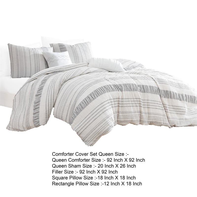 Wim 6 Piece Queen Size Duvet Comforter Set- Accent Pillows- Striped Gray