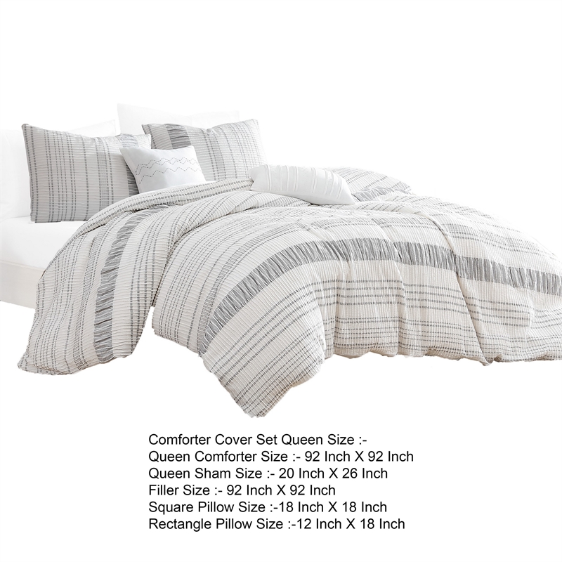 Wim 6 Piece Queen Size Duvet Comforter Set- Accent Pillows- Striped Gray