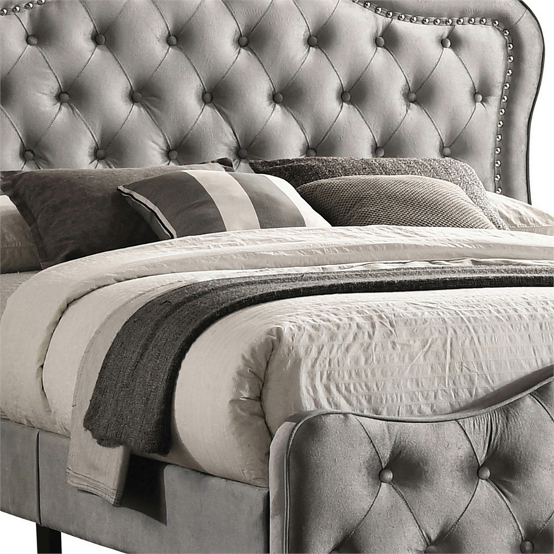 Pue California King Size Bed- Vintage Gray Button Tufted Chesterfield Style