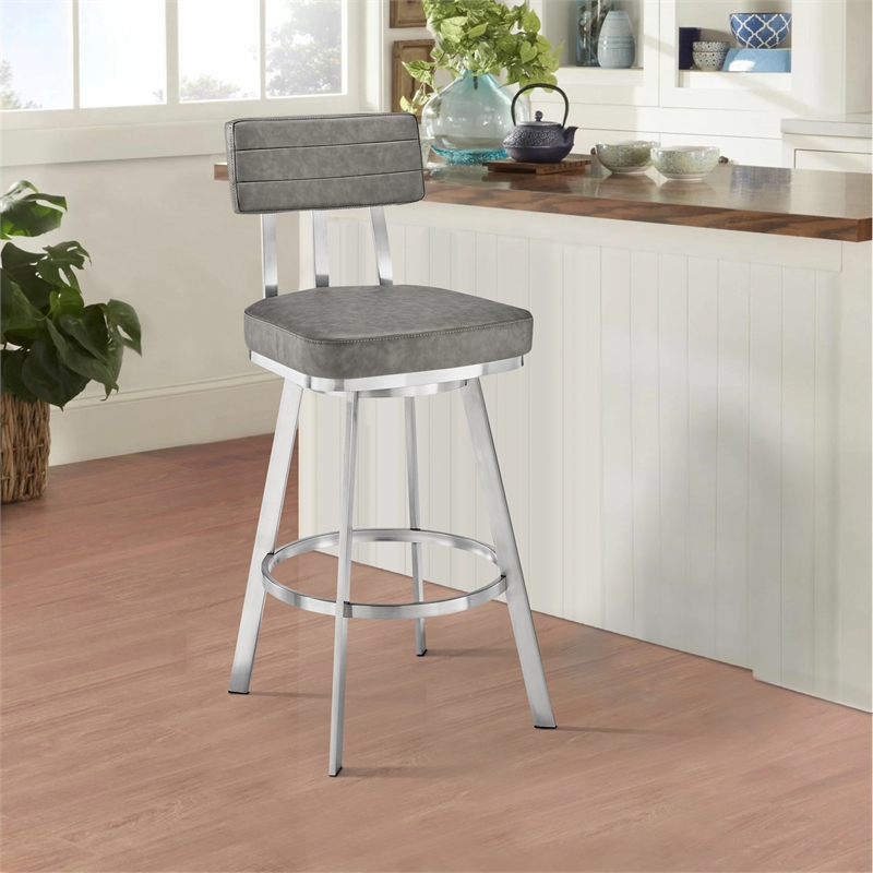 Col 26 Inch Swivel Counter Stool- Gray Faux Leather- Stainless Steel Frame