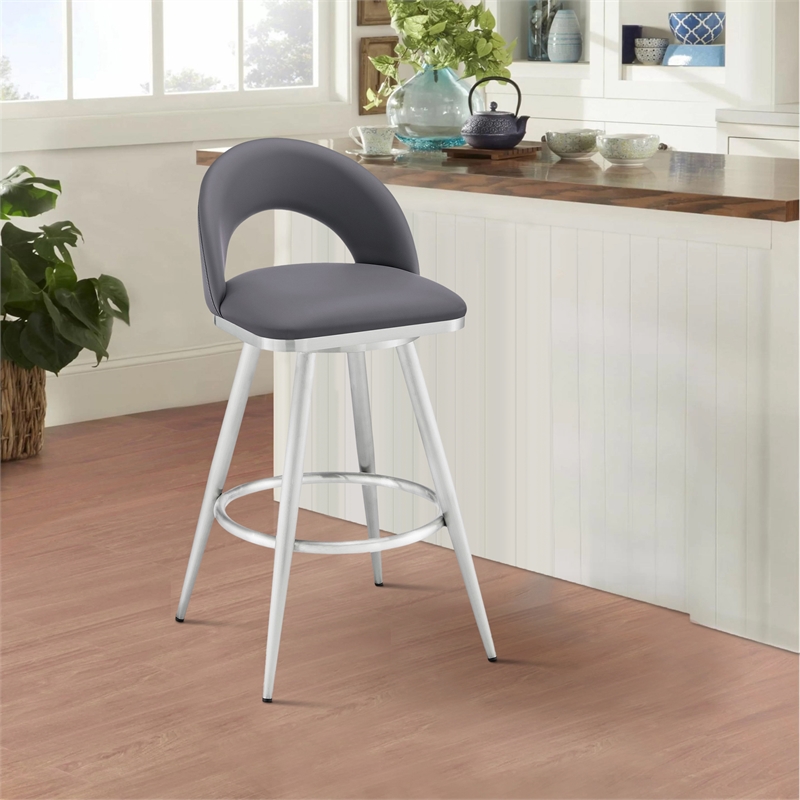 Teco 26 Inch Swivel Counter Stool- Chrome- Curved Back- Gray Faux Leather