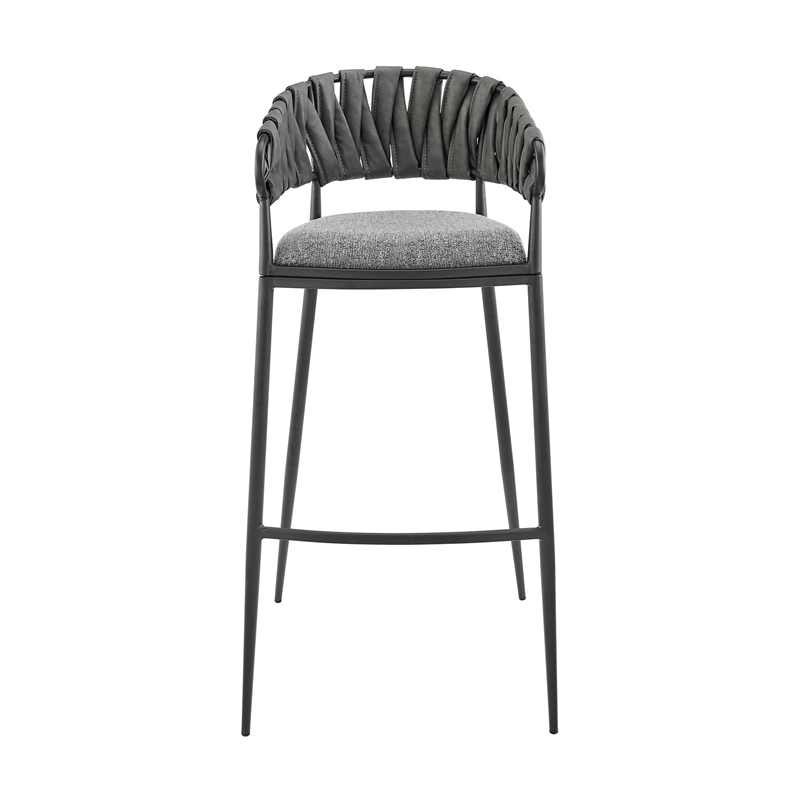 Viji 26 Inch Counter Stool Chair- Gray Faux Leather Fabric Back- Black Iron