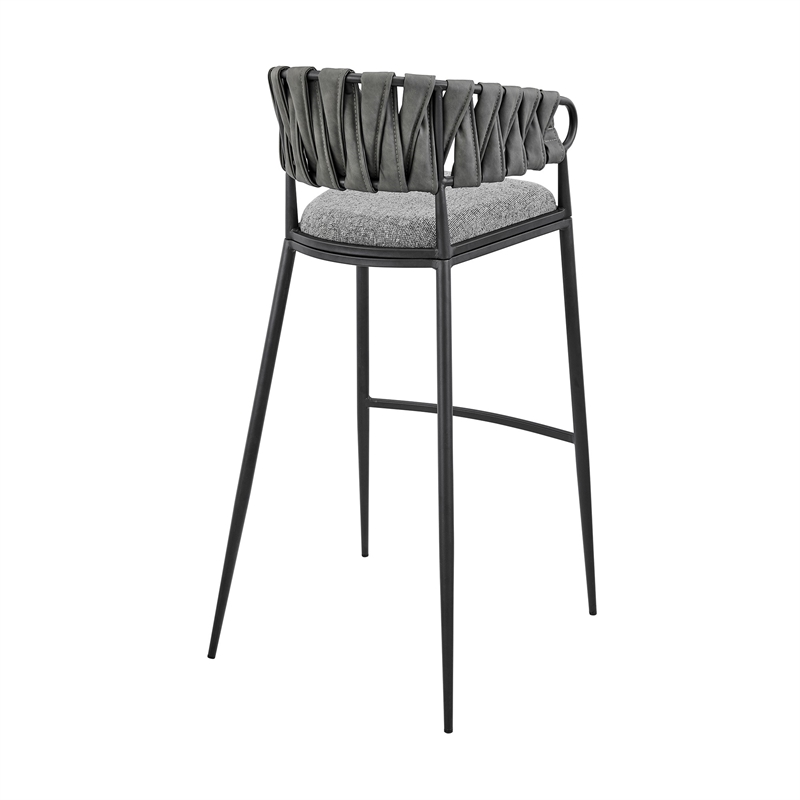 Viji 26 Inch Counter Stool Chair- Gray Faux Leather Fabric Back- Black Iron