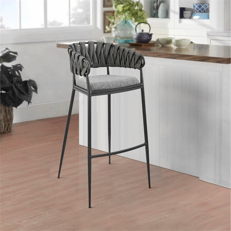 Viji 26 Inch Counter Stool Chair- Gray Faux Leather Fabric Back- Black Iron