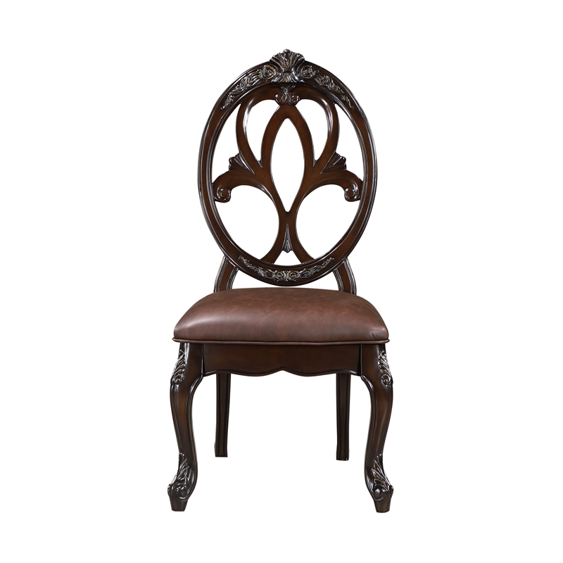 Cran 21 Inch Dining Side Chair- Carved Details- Faux Leather Seat- Brown