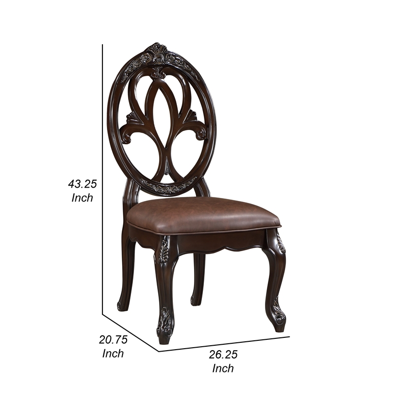 Cran 21 Inch Dining Side Chair- Carved Details- Faux Leather Seat- Brown