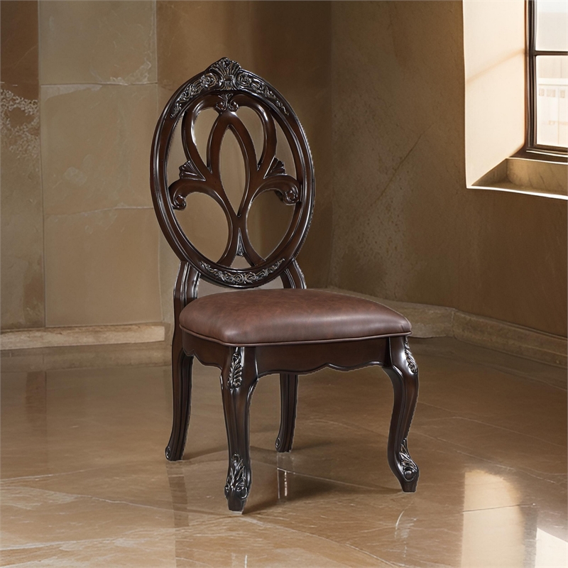 Cran 21 Inch Dining Side Chair- Carved Details- Faux Leather Seat- Brown
