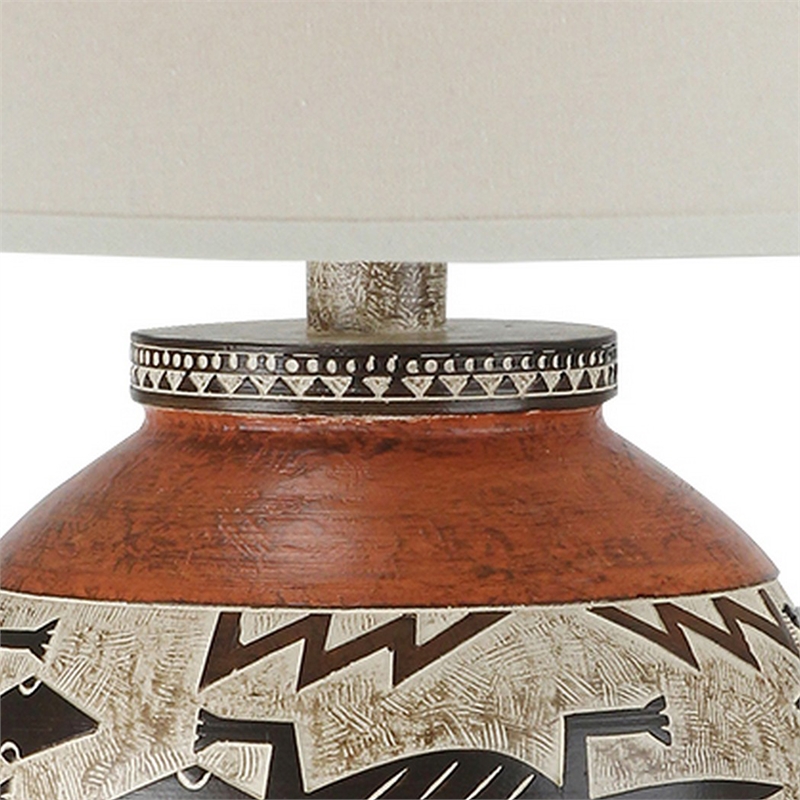 Kinn 24 Inch Hydrocal Table Lamp- Drum Shade- Tribal Style Urn Base- Brown