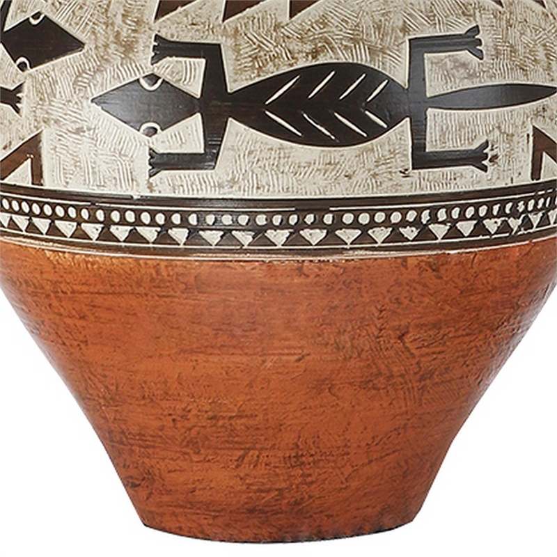 Kinn 24 Inch Hydrocal Table Lamp- Drum Shade- Tribal Style Urn Base- Brown