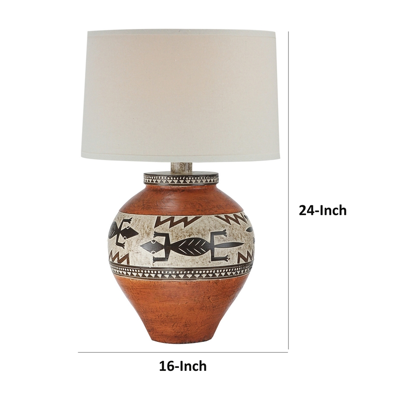Kinn 24 Inch Hydrocal Table Lamp- Drum Shade- Tribal Style Urn Base- Brown
