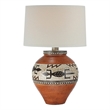 Kinn 24 Inch Hydrocal Table Lamp- Drum Shade- Tribal Style Urn Base- Brown