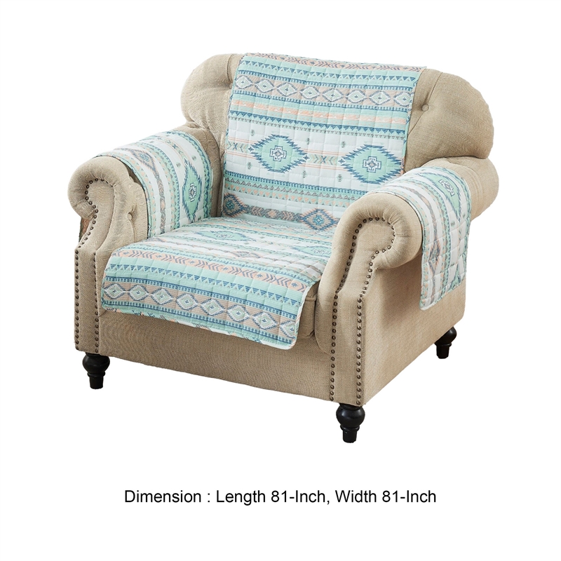 Linda 81 Inch Quilted Armchair Cover- Geometric Prints- Turquoise Polyester