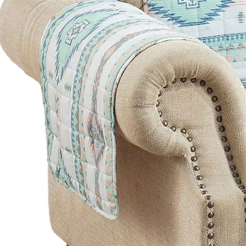 Linda 81 Inch Quilted Armchair Cover- Geometric Prints- Turquoise Polyester