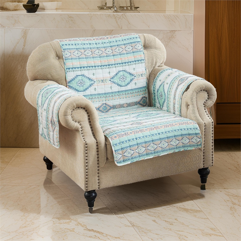 Linda 81 Inch Quilted Armchair Cover- Geometric Prints- Turquoise Polyester