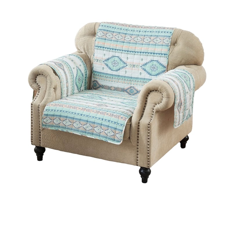 Linda 81 Inch Quilted Armchair Cover- Geometric Prints- Turquoise Polyester