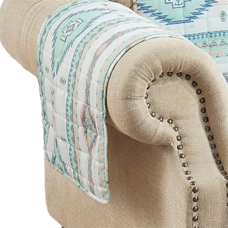 Linda 81 Inch Quilted Armchair Cover- Geometric Prints- Turquoise Polyester