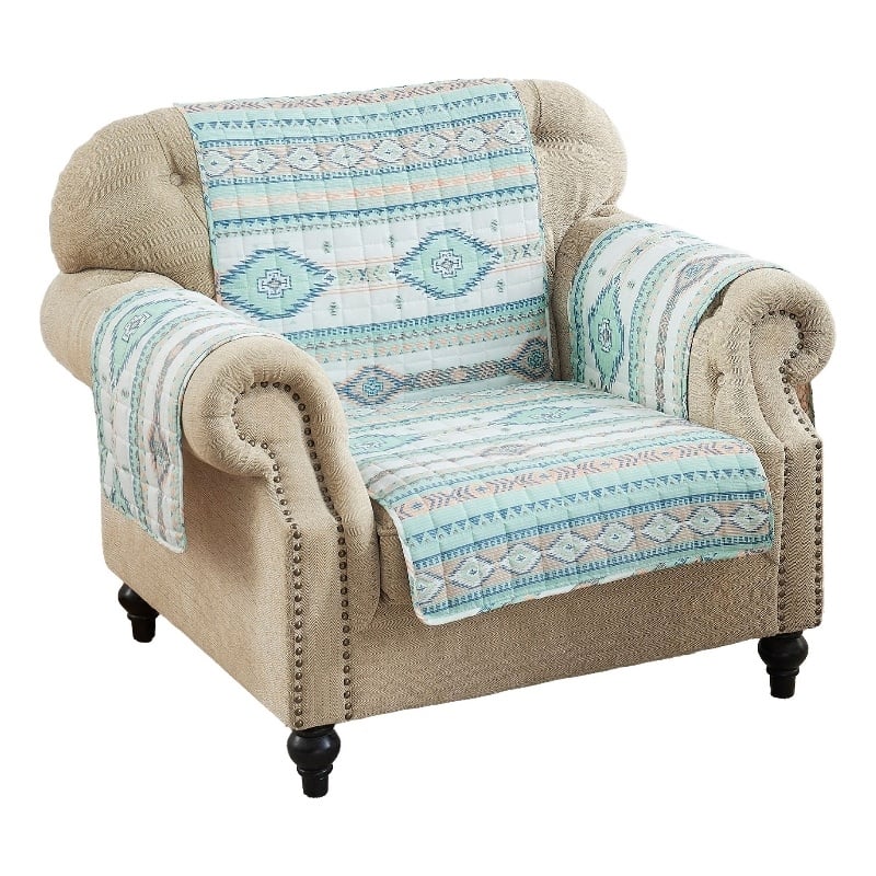 Linda 81 Inch Quilted Armchair Cover- Geometric Prints- Turquoise Polyester