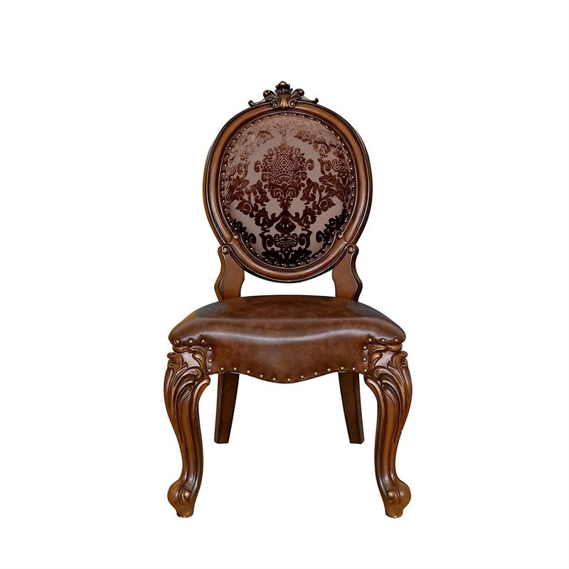 Kai 25 Inch Set of 2 Dining Chair- Scrolled Legs Tufted Faux Leather- Brown