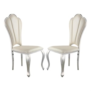 Kuri 23 Inch Dining Chair- Scalloped Back- Vegan Leather- Set of 2- Beige