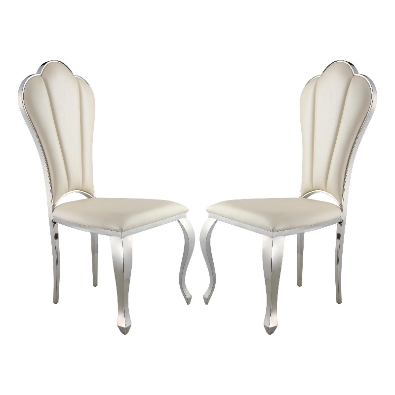 Kuri 23 Inch Dining Chair- Scalloped Back- Vegan Leather- Set of 2- Beige