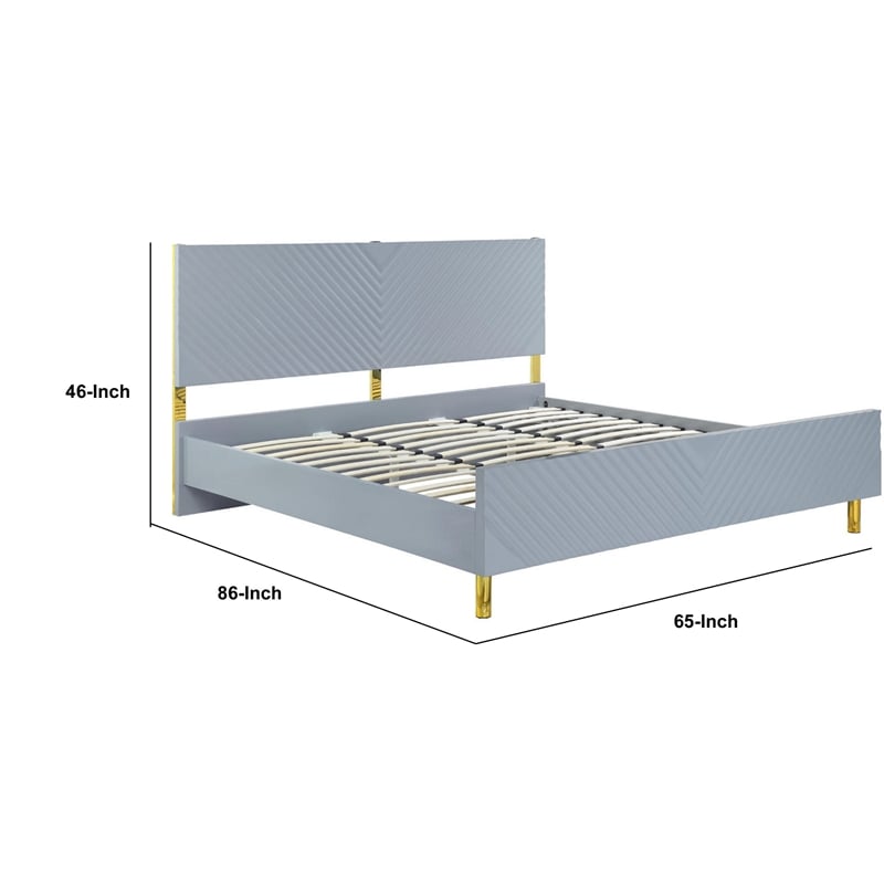 Tyra Modern Queen Bed- Panel Headboard- Textured Chevron- Slate Gray- Gold