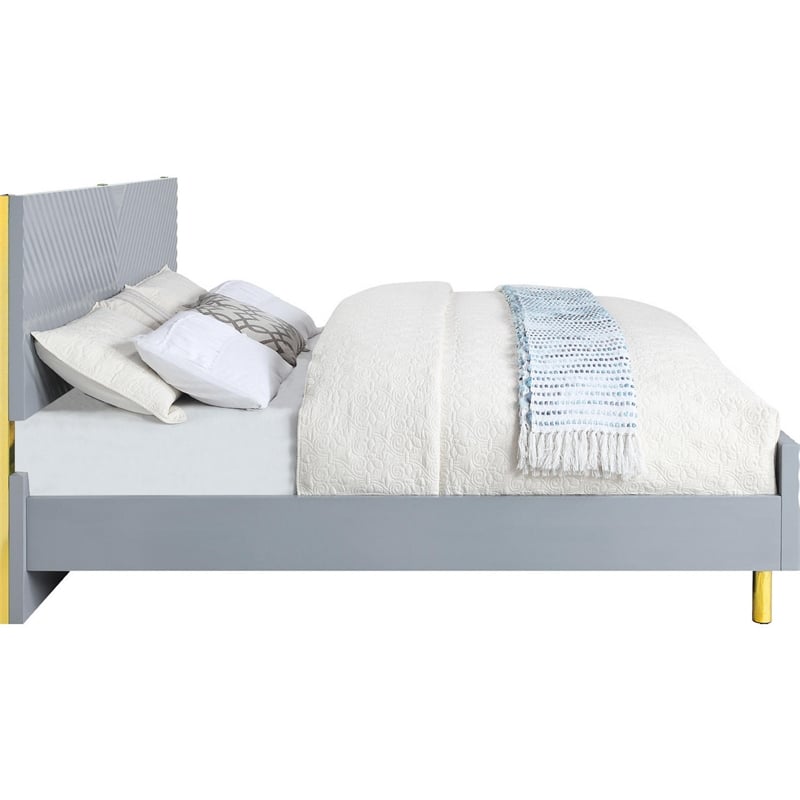 Tyra Modern Queen Bed- Panel Headboard- Textured Chevron- Slate Gray- Gold