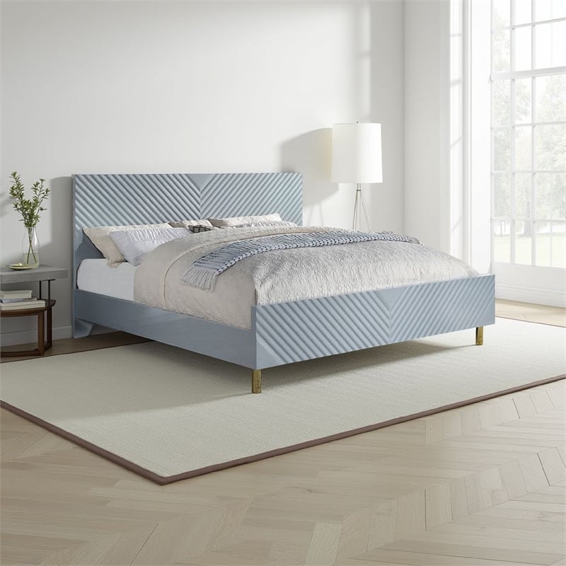 Tyra Modern Queen Bed- Panel Headboard- Textured Chevron- Slate Gray- Gold
