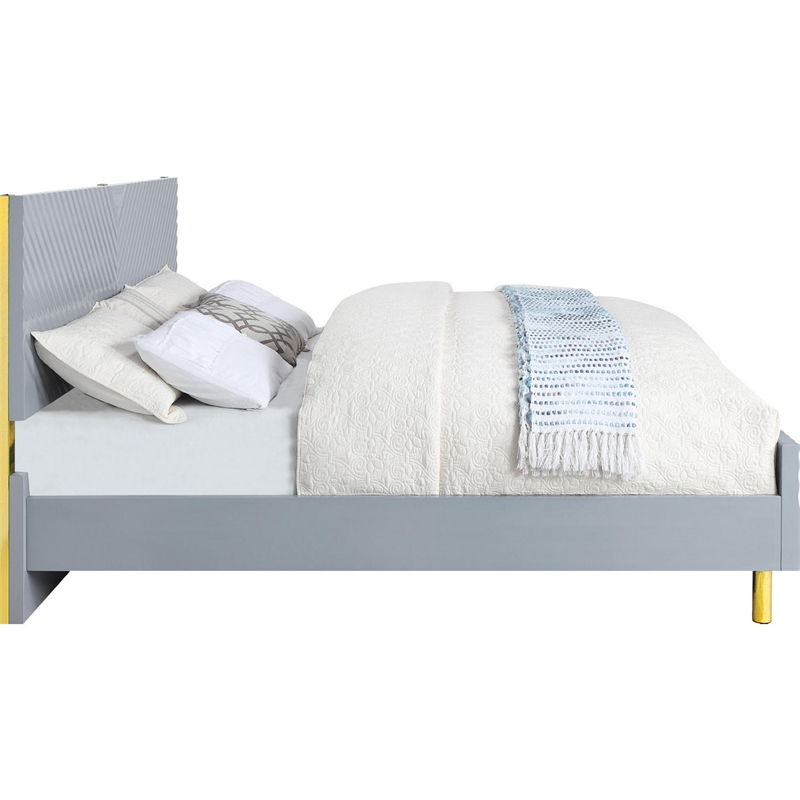 Tyra Modern Queen Bed- Panel Headboard- Textured Chevron- Slate Gray- Gold