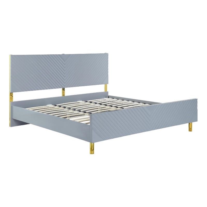 Tyra Modern Queen Bed- Panel Headboard- Textured Chevron- Slate Gray- Gold
