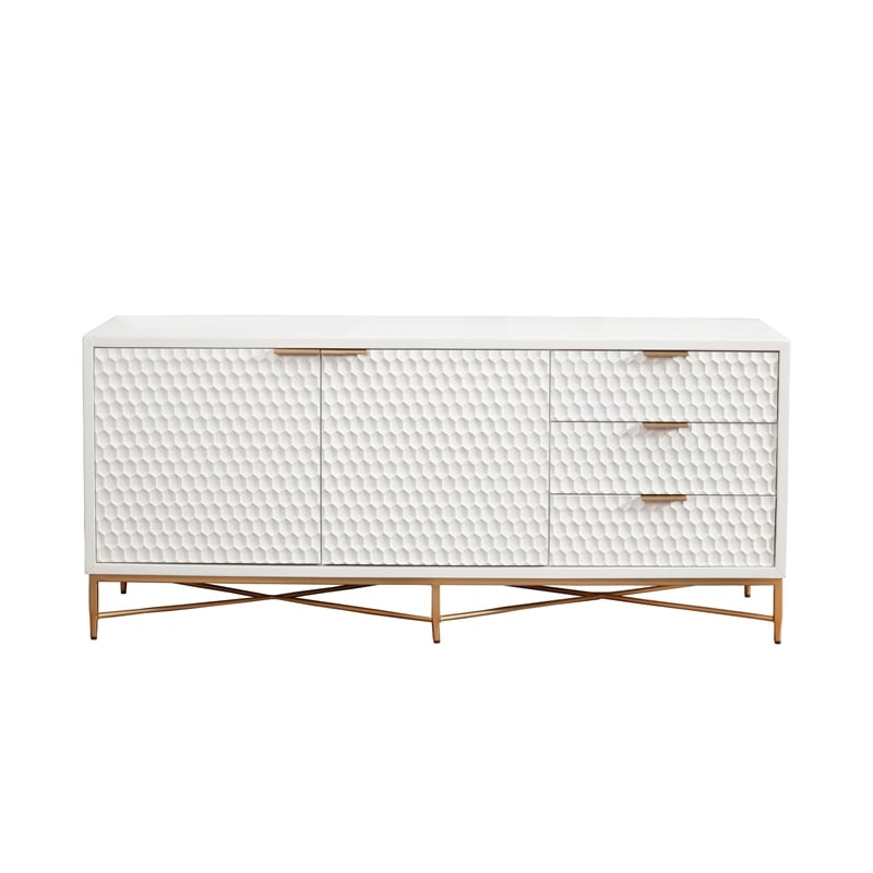 Rexi 64 Inch TV Media Entertainment Center Console- 3 Drawers- White- Gold