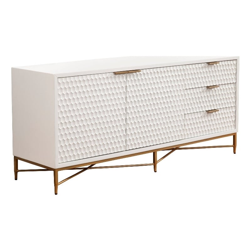 Rexi 64 Inch TV Media Entertainment Center Console- 3 Drawers- White- Gold