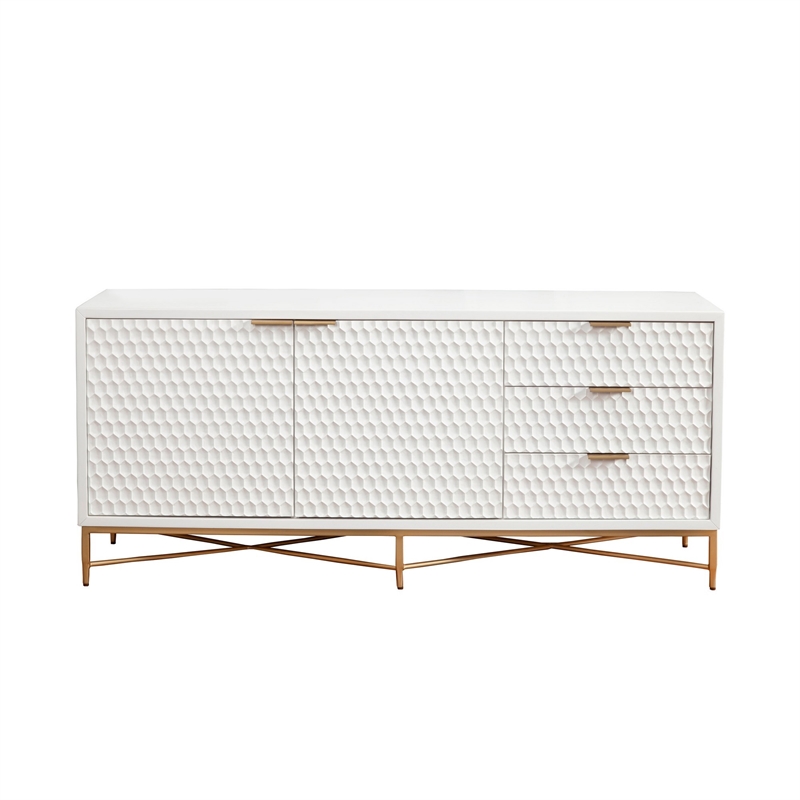 Rexi 64 Inch TV Media Entertainment Center Console- 3 Drawers- White- Gold