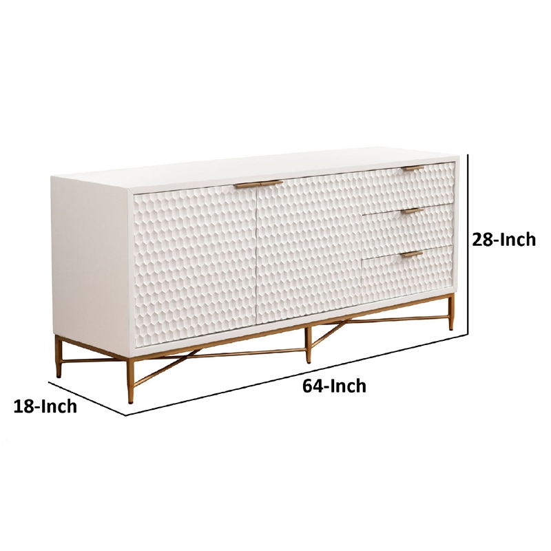 Rexi 64 Inch TV Media Entertainment Center Console- 3 Drawers- White- Gold