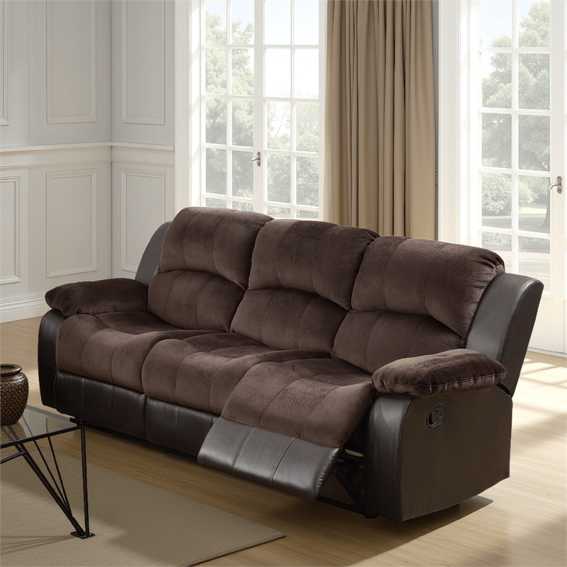 83 Inch Manual Recliner Suede Sofa- USB Charging Port- Brown Faux Leather