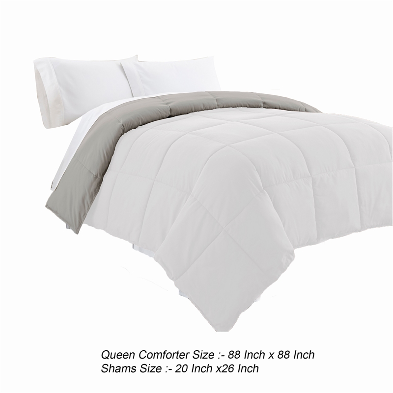 Beth Reversible Microfiber Queen Comforter- Squared Stitching- White- Gray
