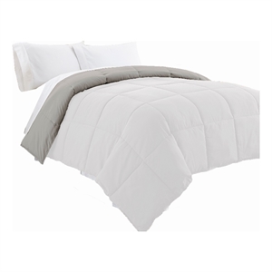 Beth Reversible Microfiber Queen Comforter- Squared Stitching- White- Gray