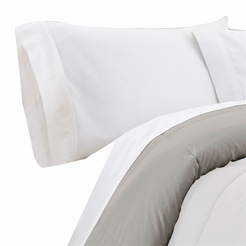 Beth Reversible Microfiber Queen Comforter- Squared Stitching- White- Gray